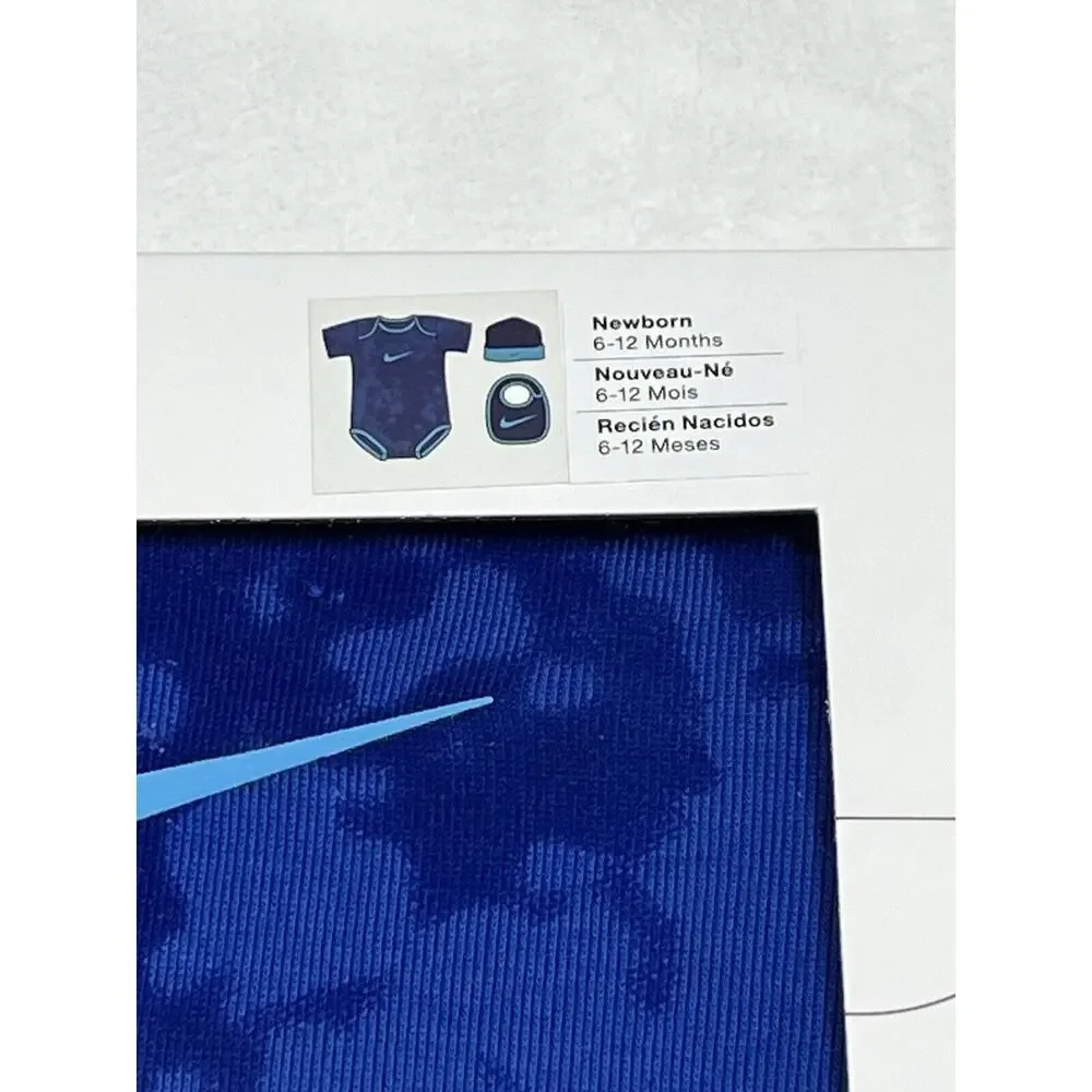 Nike Newborn 3 Piece Set Newborn 6-12 Months Blue Bodysuit Hat Bib Baby Gift NEW